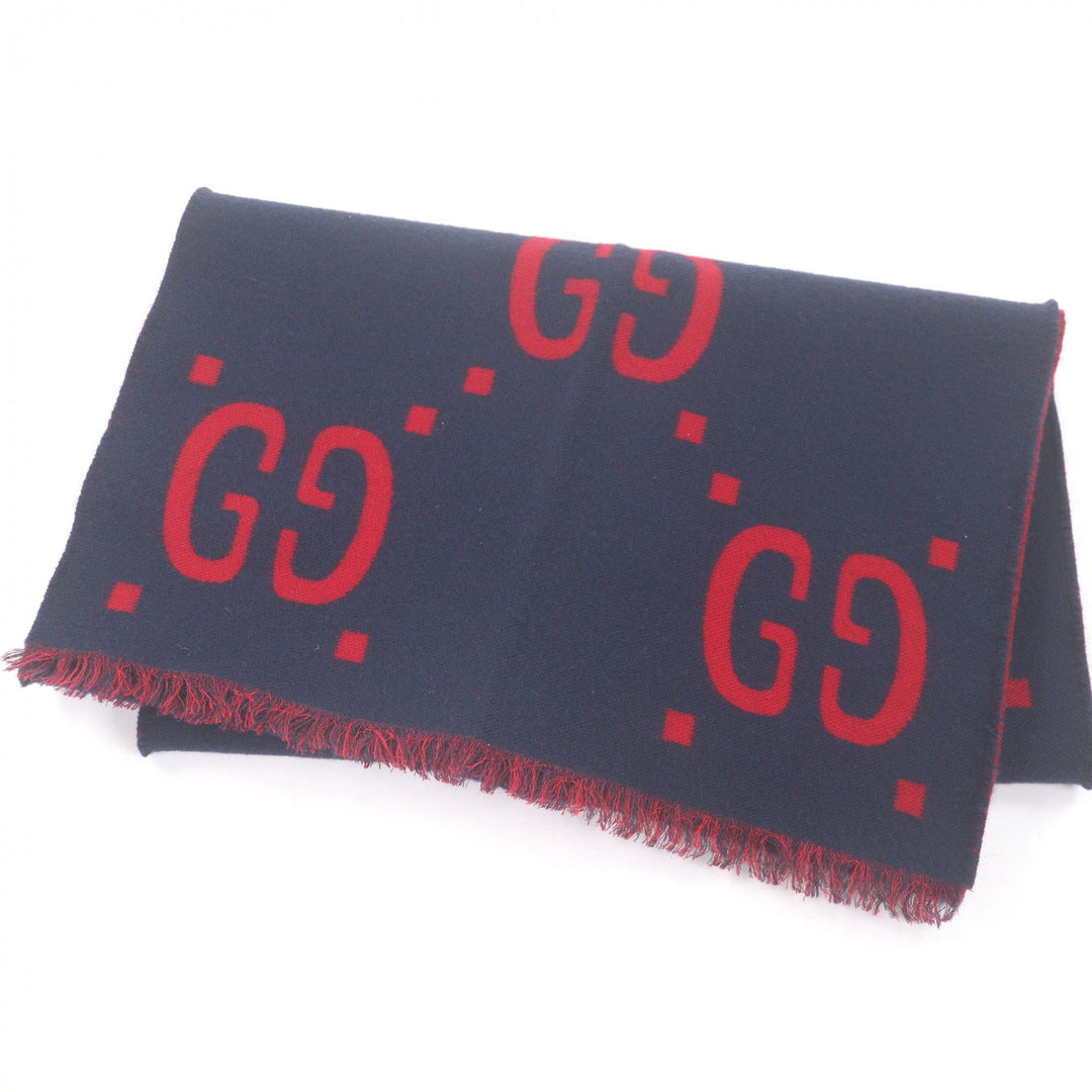 Great GUCCI Scarf Jumbo GG Jacquard Current Model with Fringe Navy wool