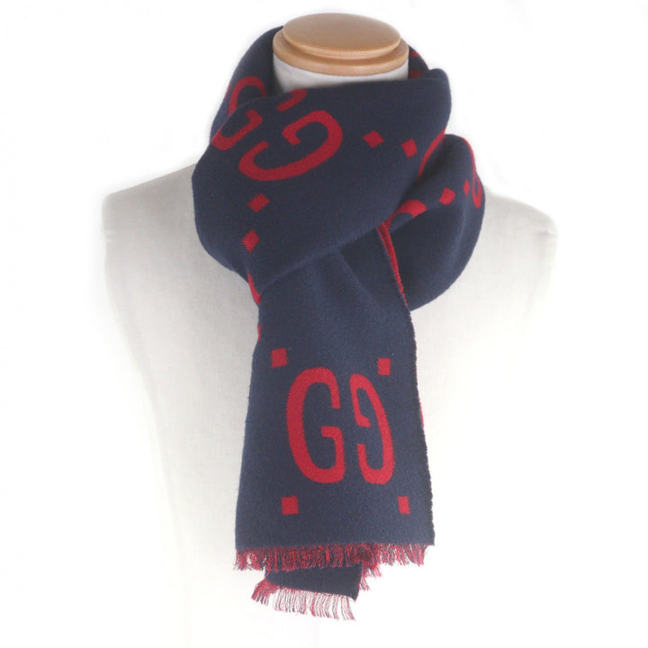 Great GUCCI Scarf Jumbo GG Jacquard Current Model with Fringe Navy wool