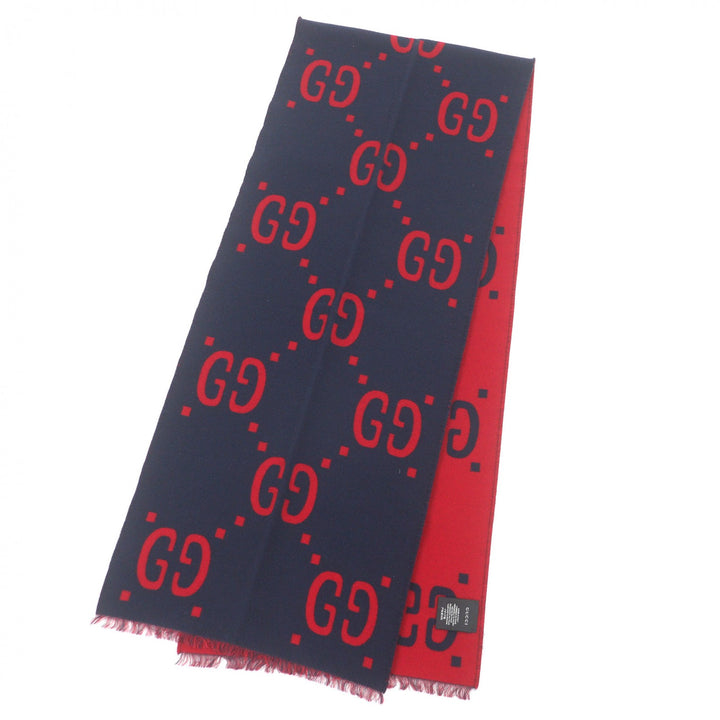 Great GUCCI Scarf Jumbo GG Jacquard Current Model with Fringe Navy wool