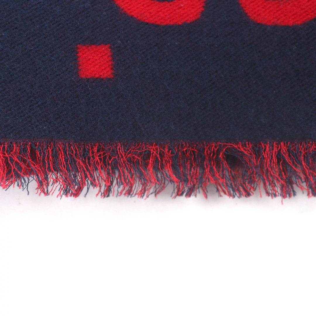 Great GUCCI Scarf Jumbo GG Jacquard Current Model with Fringe Navy wool