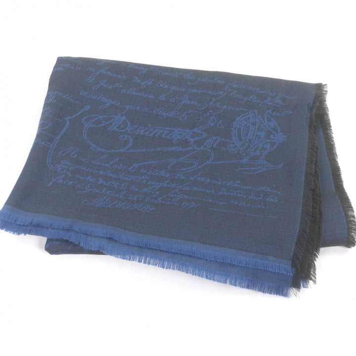 Excellent Berluti Stall Calligraphy Fringe Large Shawl blue cashmere