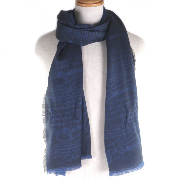 Excellent Berluti Stall Calligraphy Fringe Large Shawl blue cashmere
