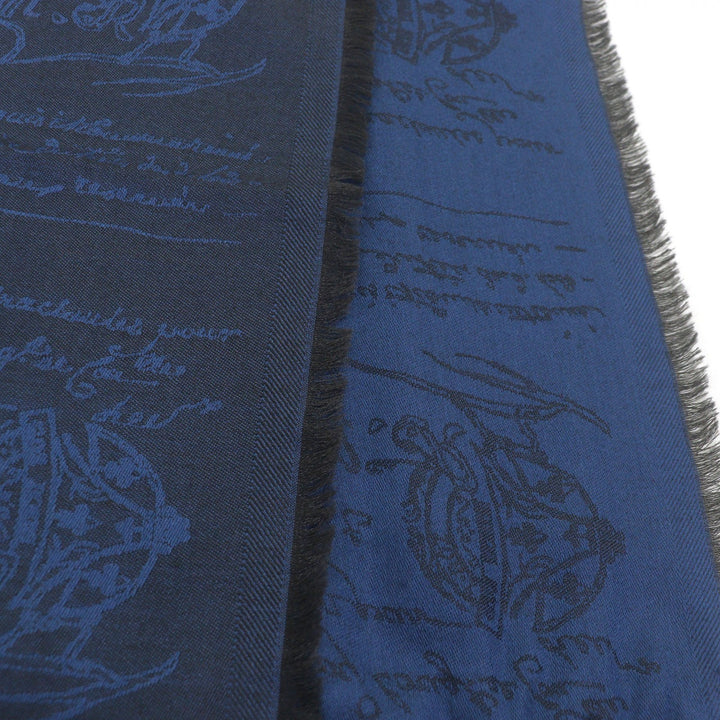 Excellent Berluti Stall Calligraphy Fringe Large Shawl blue cashmere