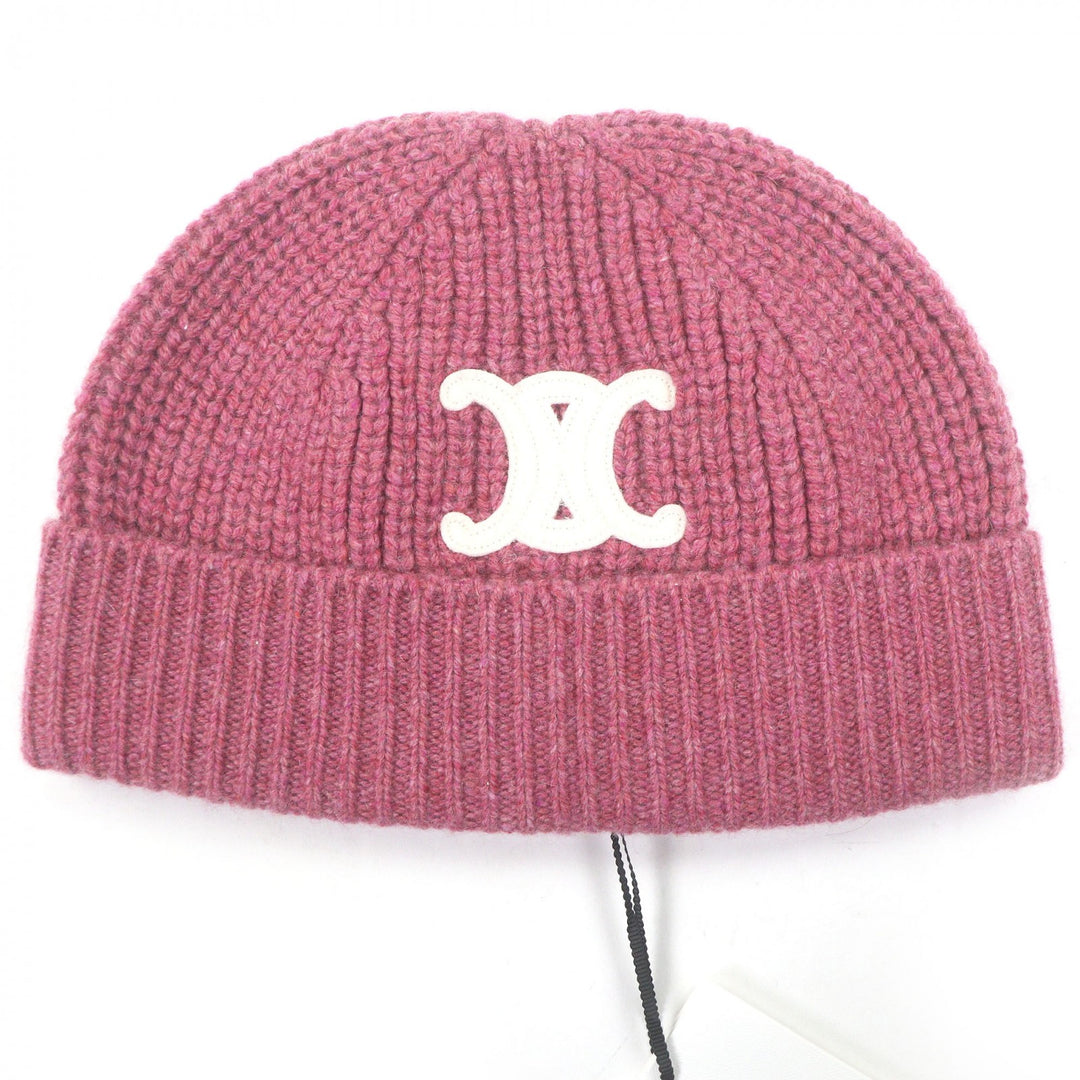 Pristine CELINE Knit cap Triomphe Beanie pink cashmere Women 2AA32384D