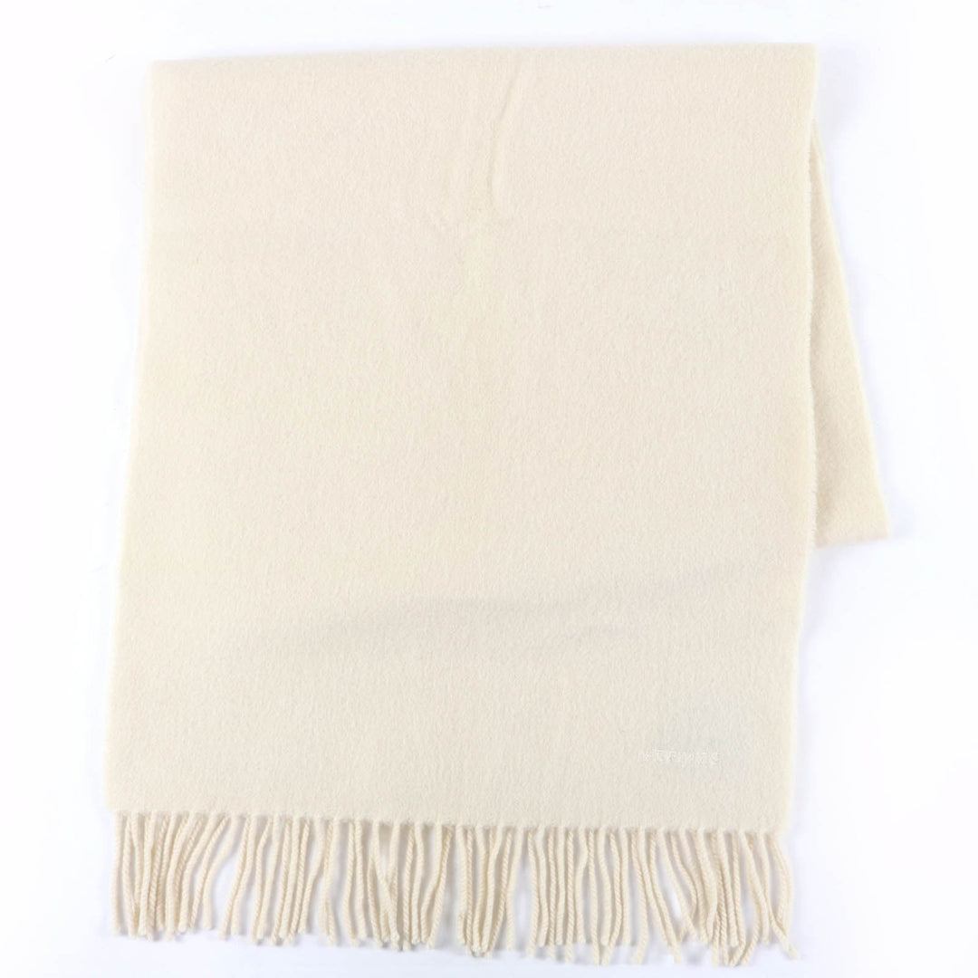 Great HERMES Scarf Recto Verso Embroidered logo with fringe Ivory cashmere Women