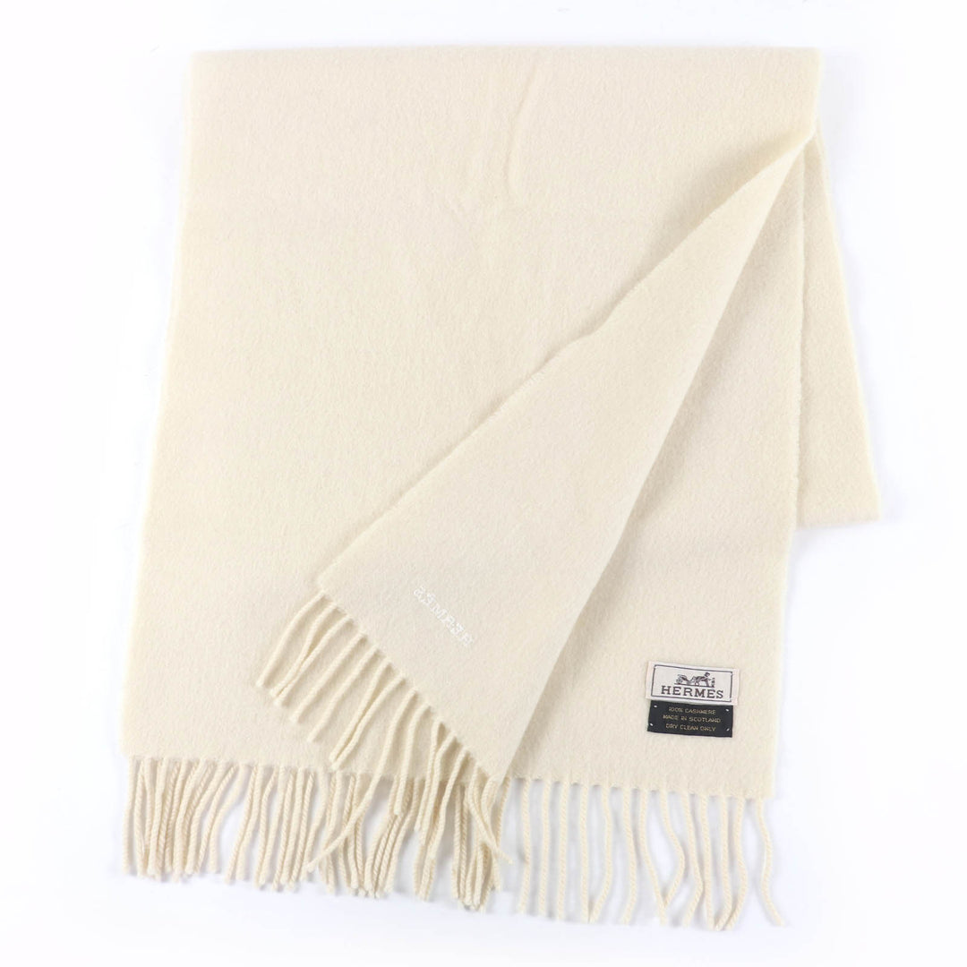 Great HERMES Scarf Recto Verso Embroidered logo with fringe Ivory cashmere Women