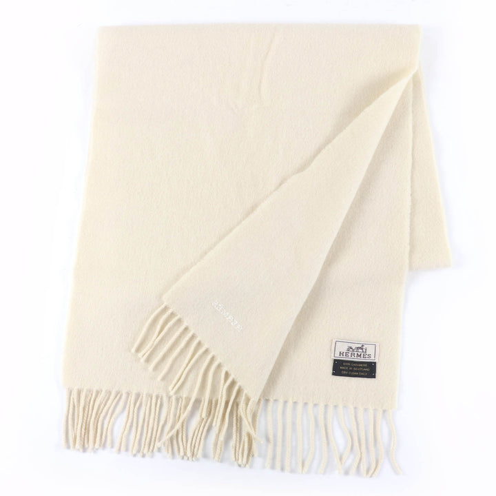 Great HERMES Scarf Recto Verso Embroidered logo with fringe Ivory cashmere Women