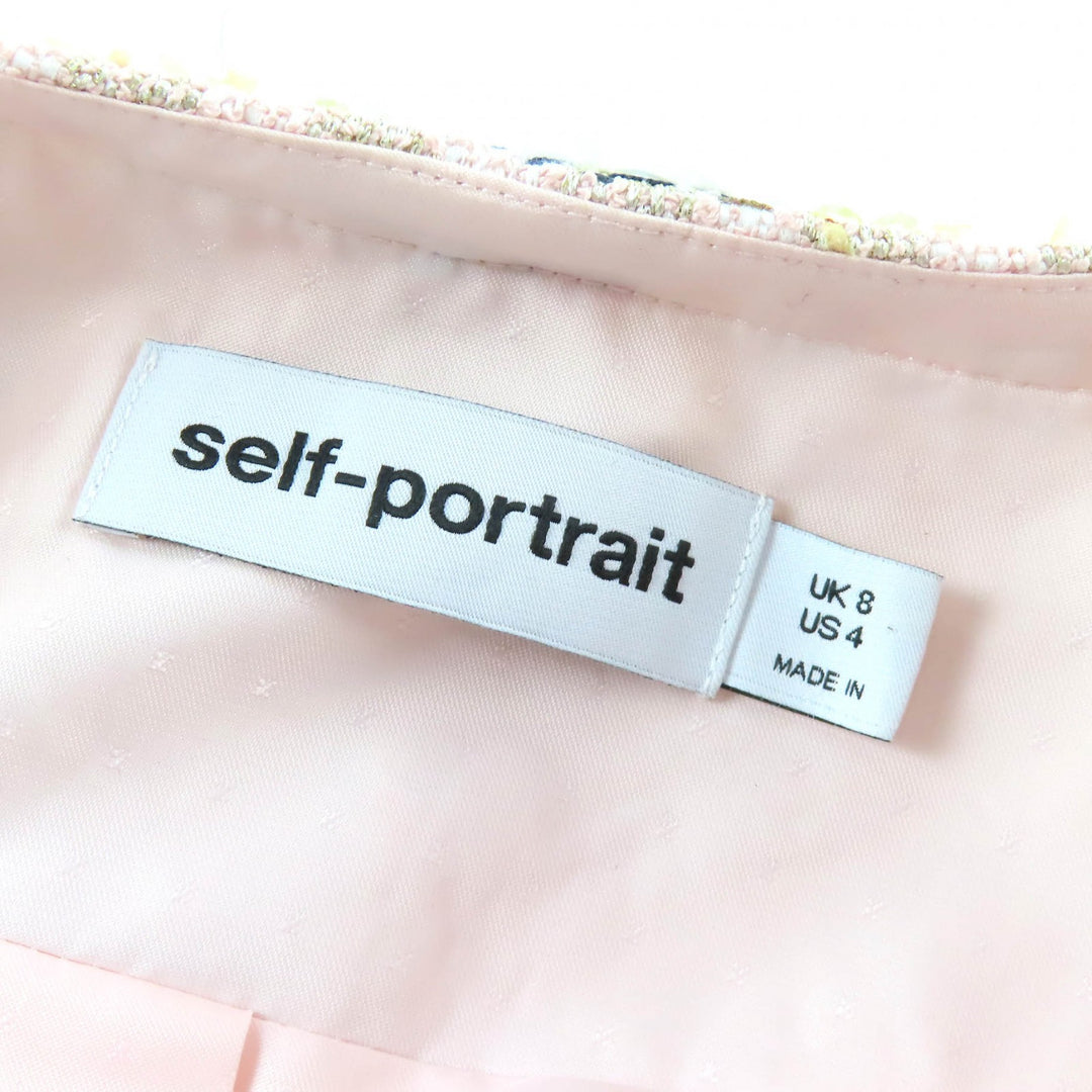 Excellent SELF PORTRAIT collarless jacket Belted, jeweled buttons sequined tweed