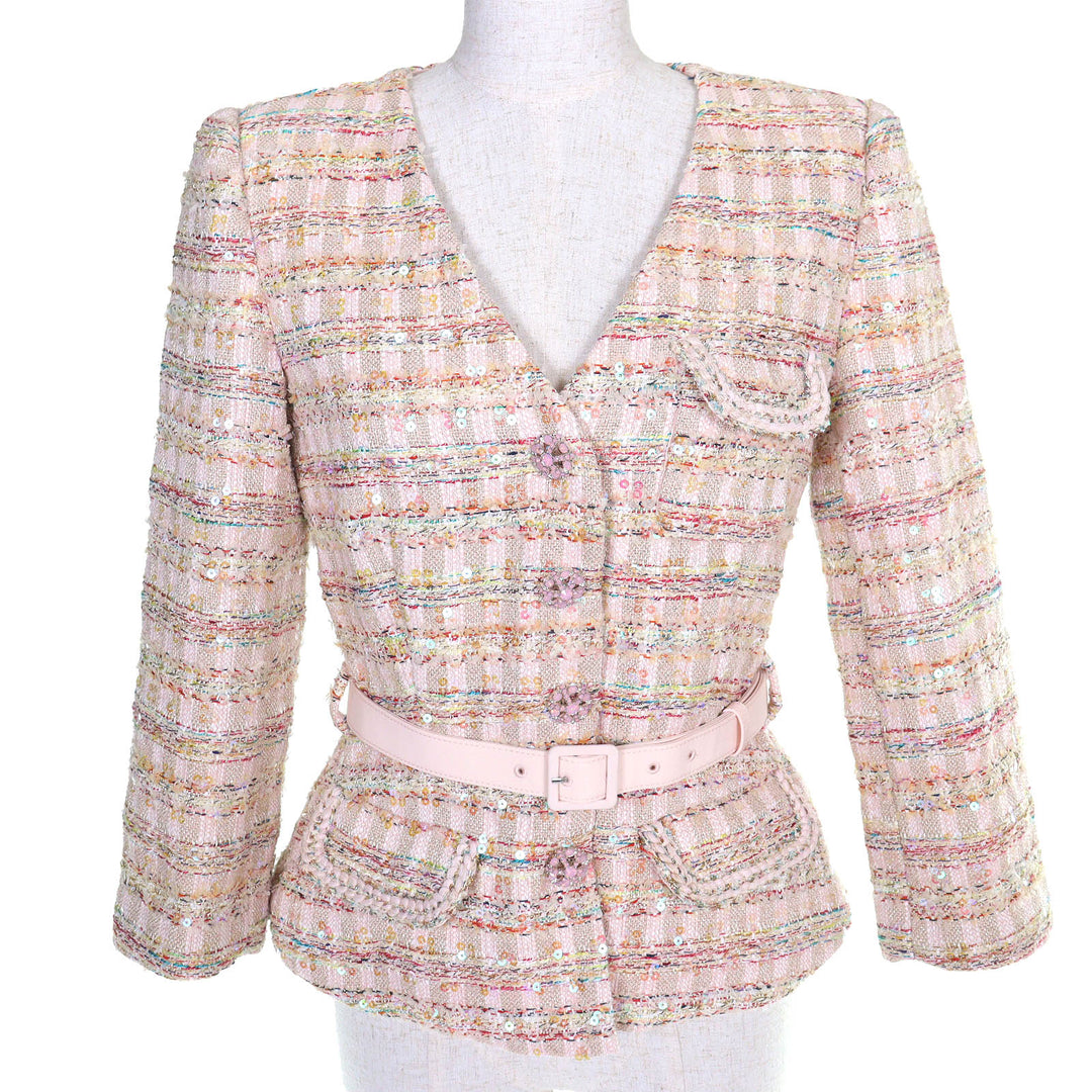 Excellent SELF PORTRAIT collarless jacket Belted, jeweled buttons sequined tweed