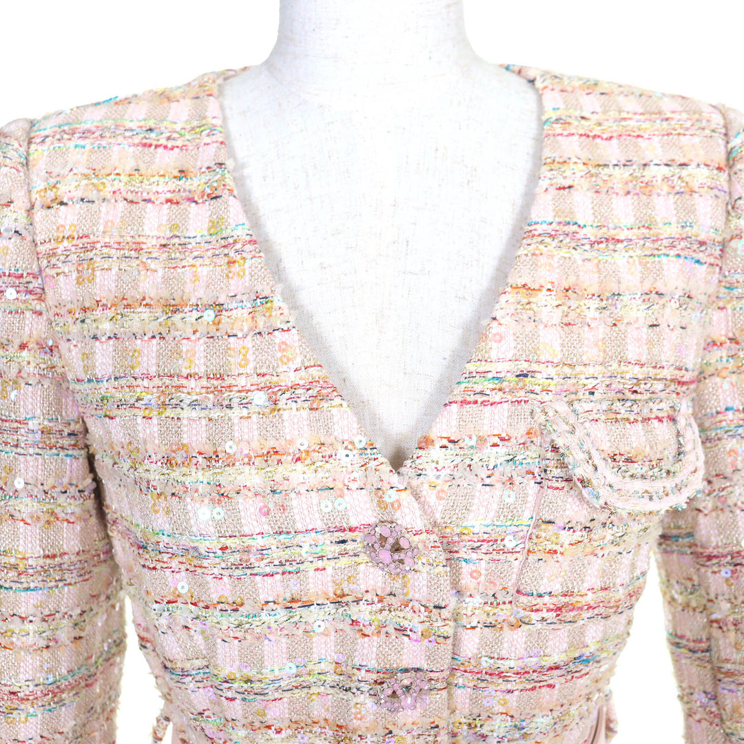 Excellent SELF PORTRAIT collarless jacket Belted, jeweled buttons sequined tweed