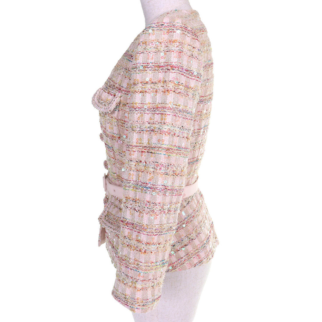 Excellent SELF PORTRAIT collarless jacket Belted, jeweled buttons sequined tweed
