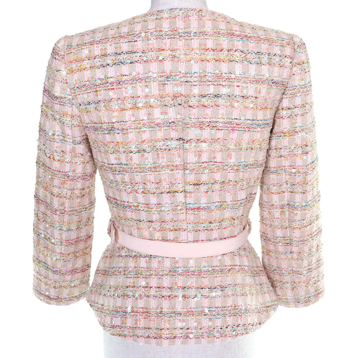 Excellent SELF PORTRAIT collarless jacket Belted, jeweled buttons sequined tweed