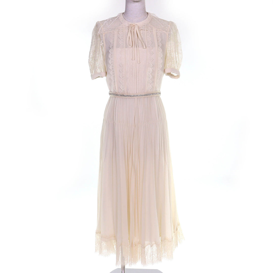 Excellent SELF PORTRAIT one piece Lace-designed chiffon pleated midi dress UK8