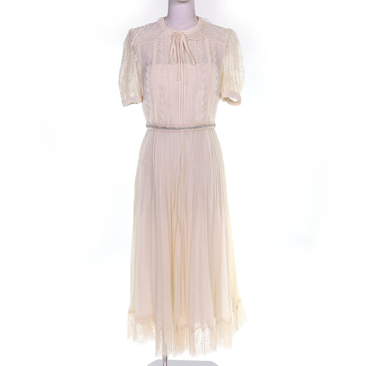 Excellent SELF PORTRAIT one piece Lace-designed chiffon pleated midi dress UK8