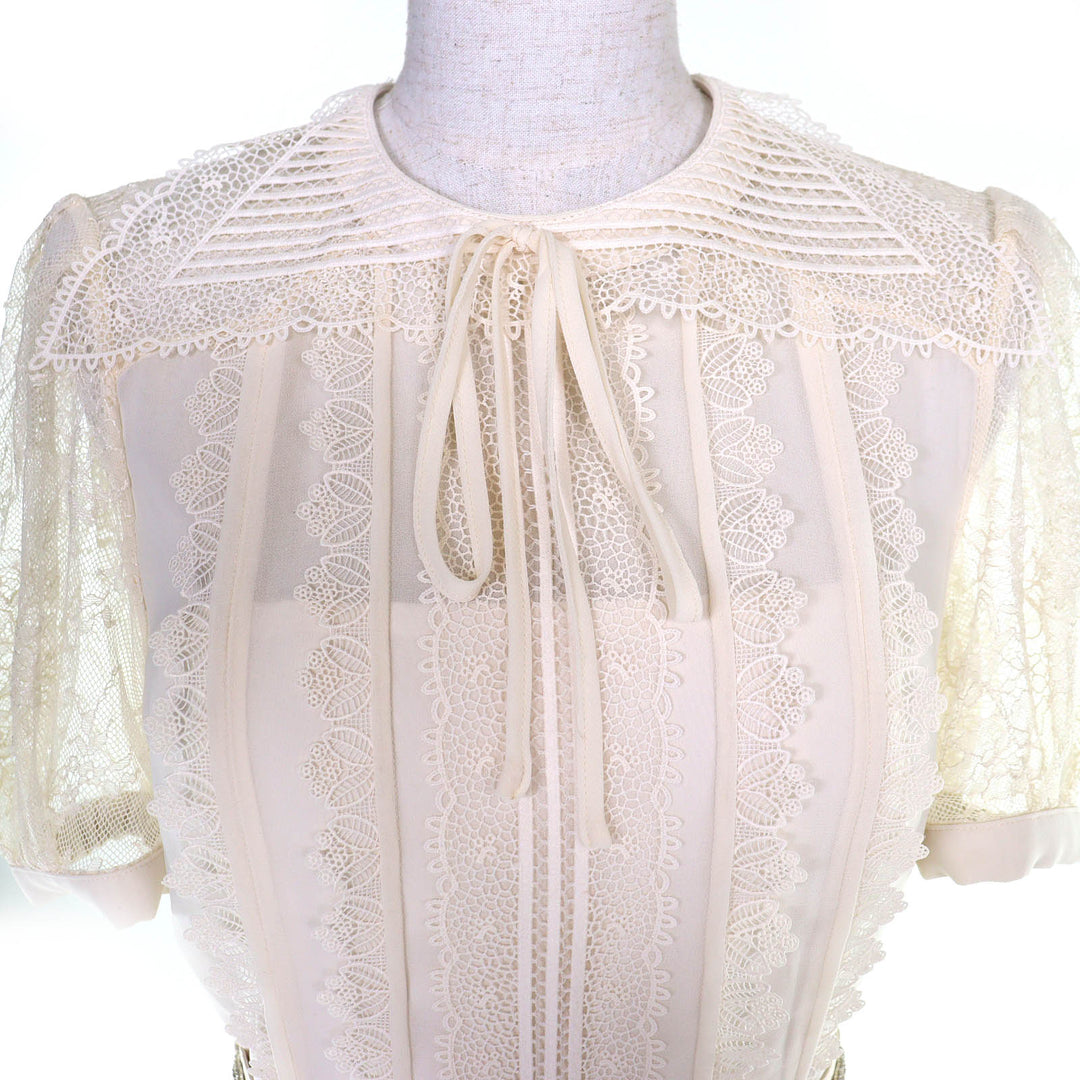 Excellent SELF PORTRAIT one piece Lace-designed chiffon pleated midi dress UK8