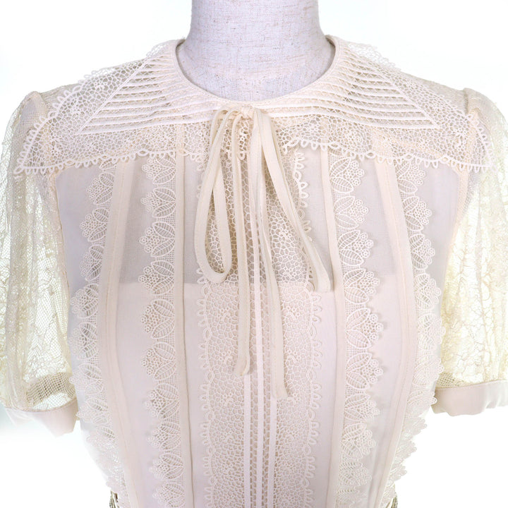 Excellent SELF PORTRAIT one piece Lace-designed chiffon pleated midi dress UK8