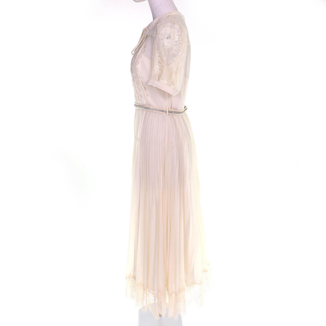 Excellent SELF PORTRAIT one piece Lace-designed chiffon pleated midi dress UK8