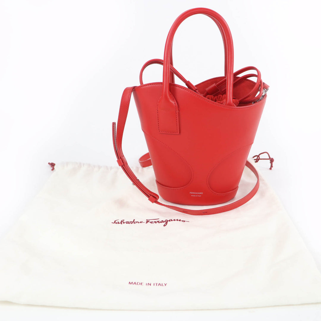 Great FERRAGAMO Shoulder Bag cut out 2WAY leather handbag Red leather Women