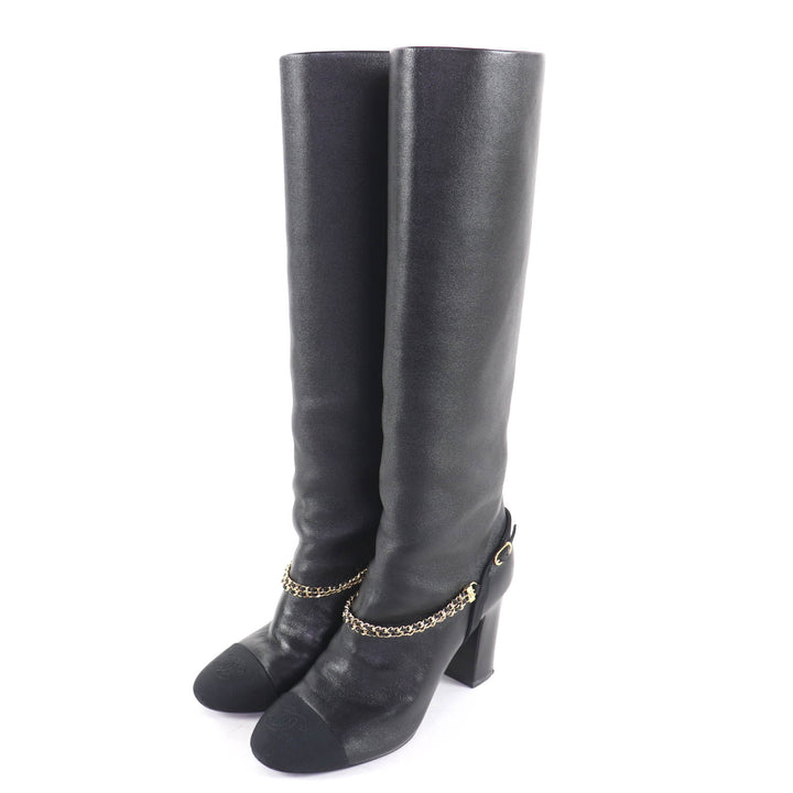 Great CHANEL Knee-high boots black leather Women 35 23A G45096