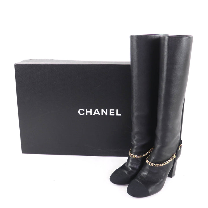 Great CHANEL Knee-high boots black leather Women 35 23A G45096