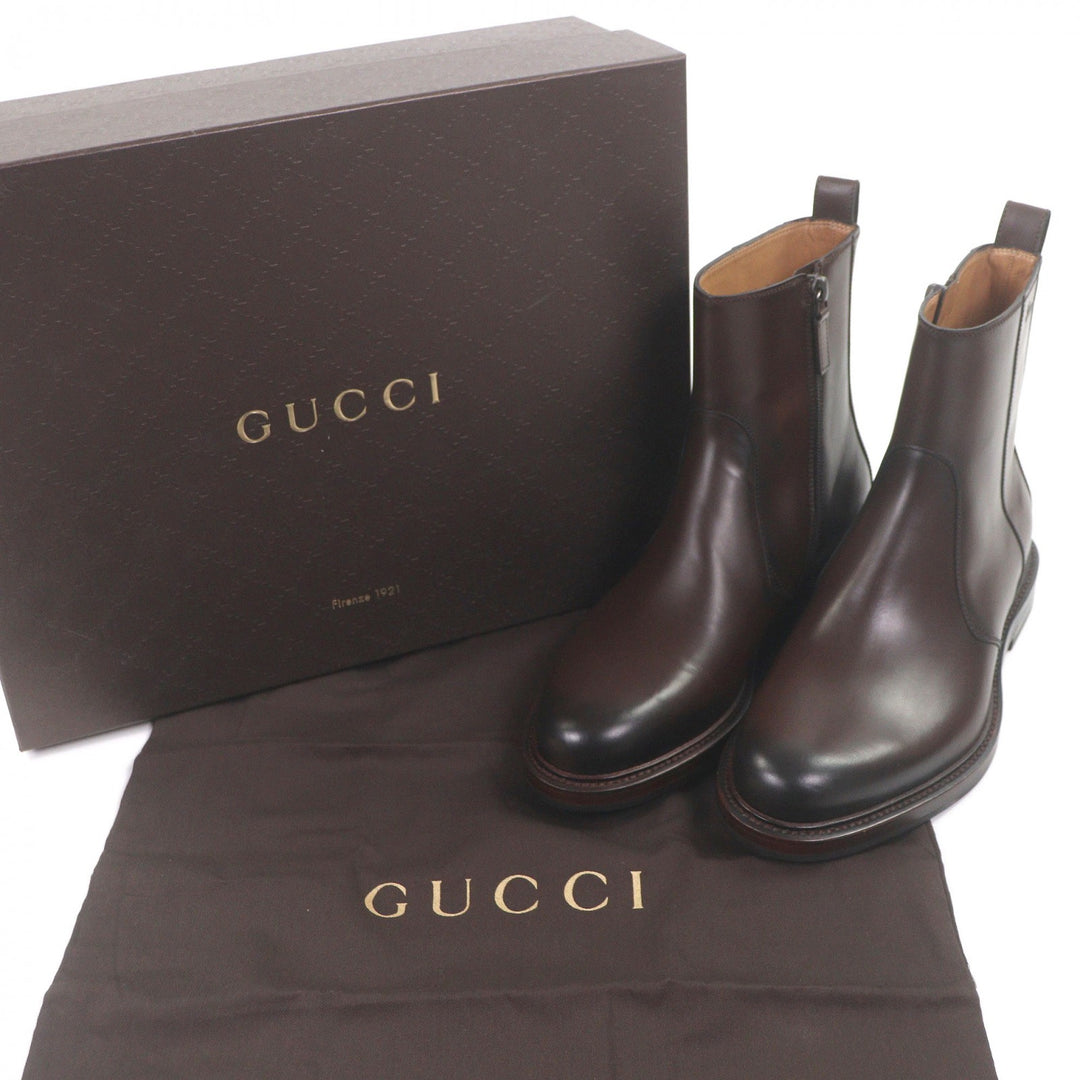 Pristine GUCCI Ankle boots Cursive logo, side zip Brown leather mens 6.5