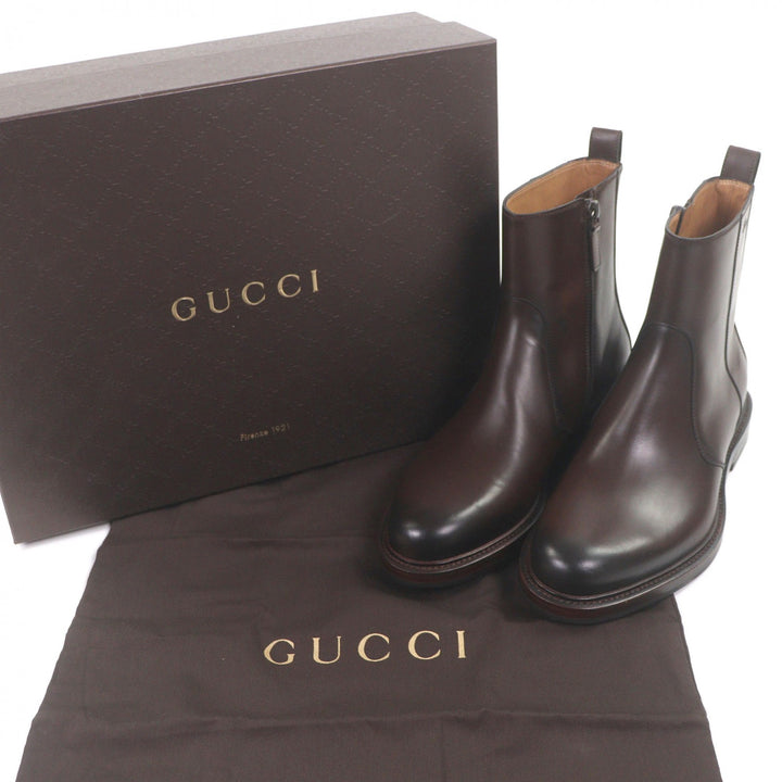 Pristine GUCCI Ankle boots Cursive logo, side zip Brown leather mens 6.5