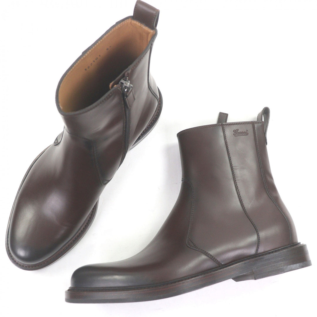 Pristine GUCCI Ankle boots Cursive logo, side zip Brown leather mens 6.5