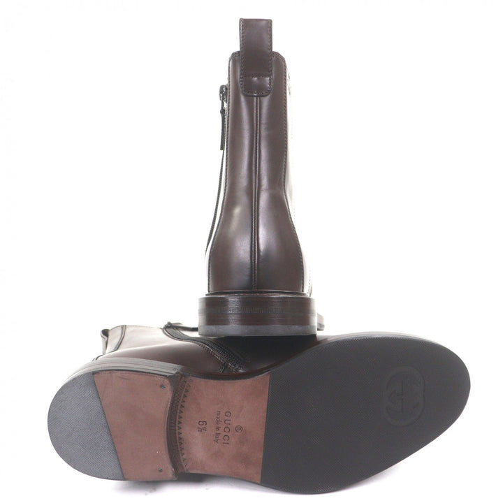 Pristine GUCCI Ankle boots Cursive logo, side zip Brown leather mens 6.5