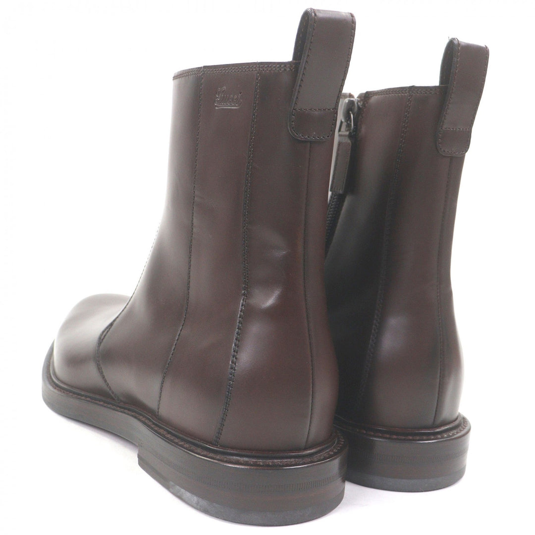 Pristine GUCCI Ankle boots Cursive logo, side zip Brown leather mens 6.5