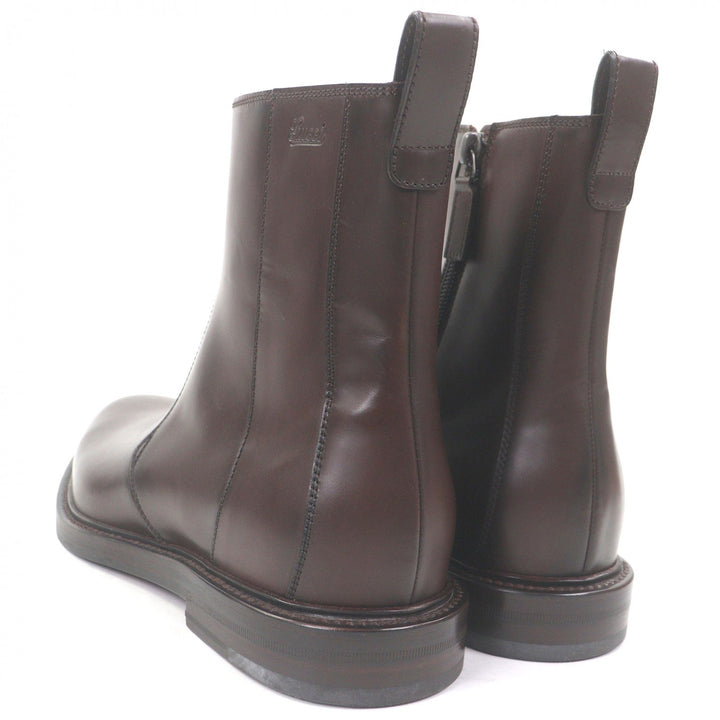 Pristine GUCCI Ankle boots Cursive logo, side zip Brown leather mens 6.5