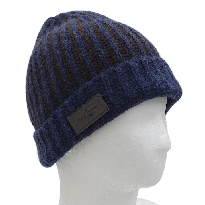 Great LOUIS VUITTON Knit cap Leather logo patch Navy cashmere mens MP1368