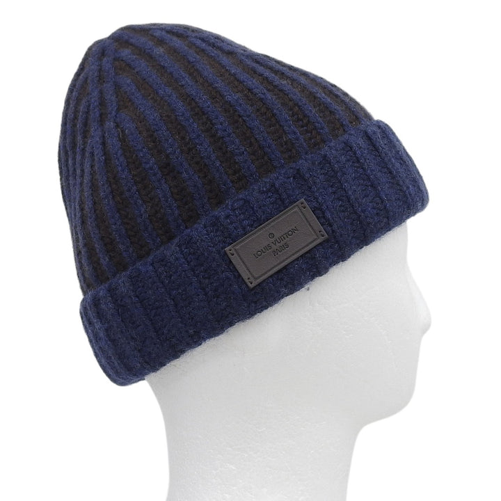 Great LOUIS VUITTON Knit cap Leather logo patch Navy cashmere mens MP1368