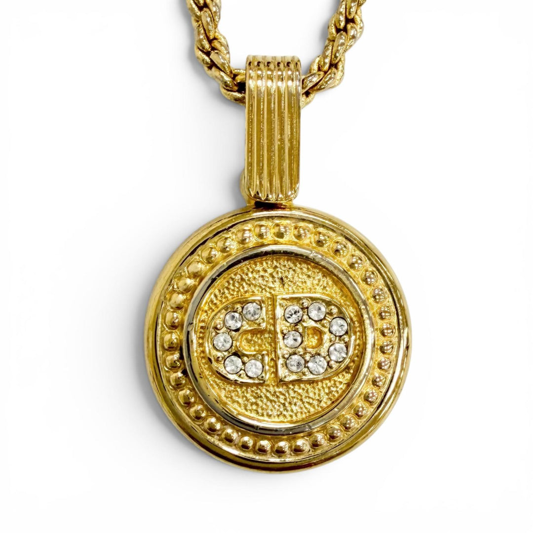 Great Christian Dior Necklace CD logo, rhinestone coin motif gold Women