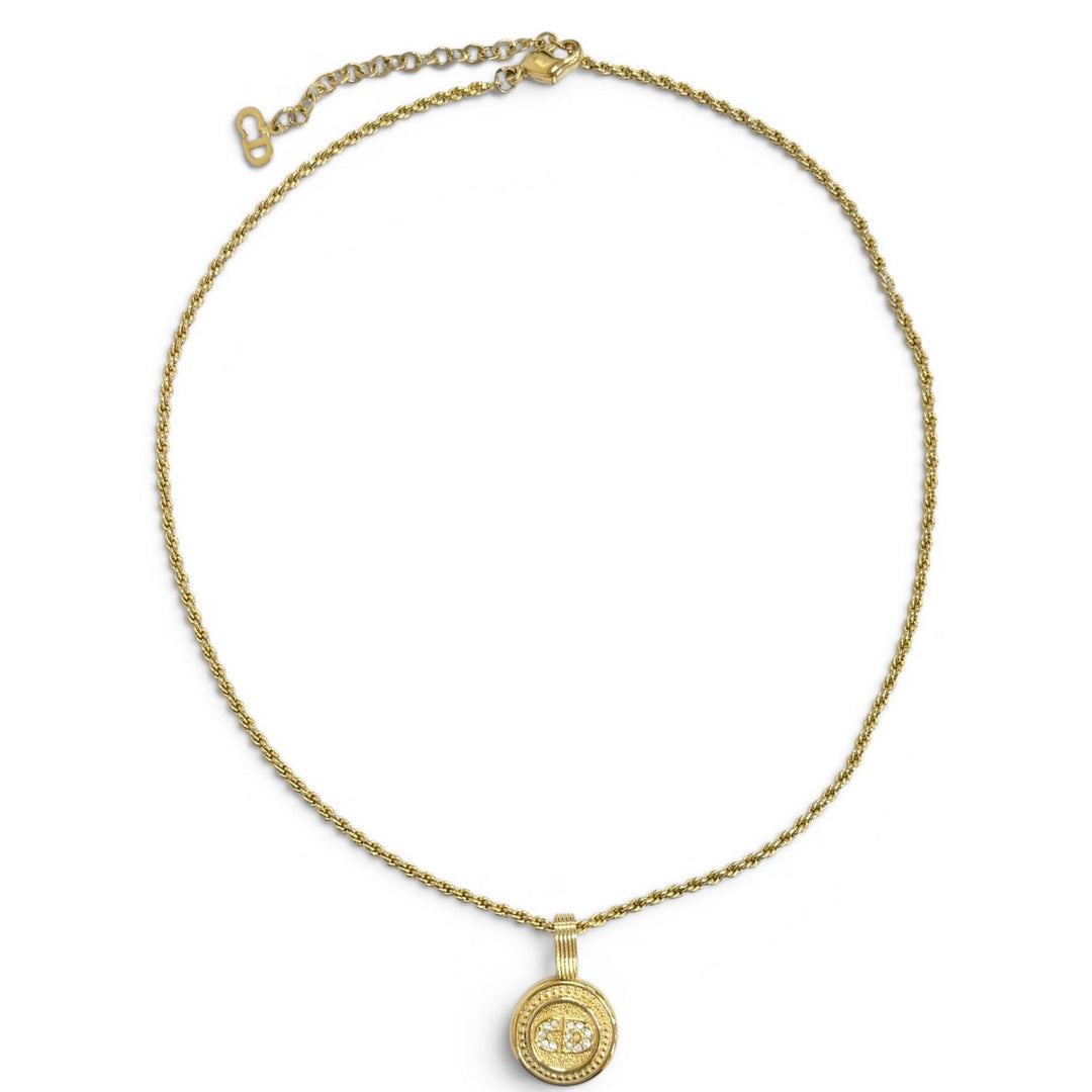 Great Christian Dior Necklace CD logo, rhinestone coin motif gold Women