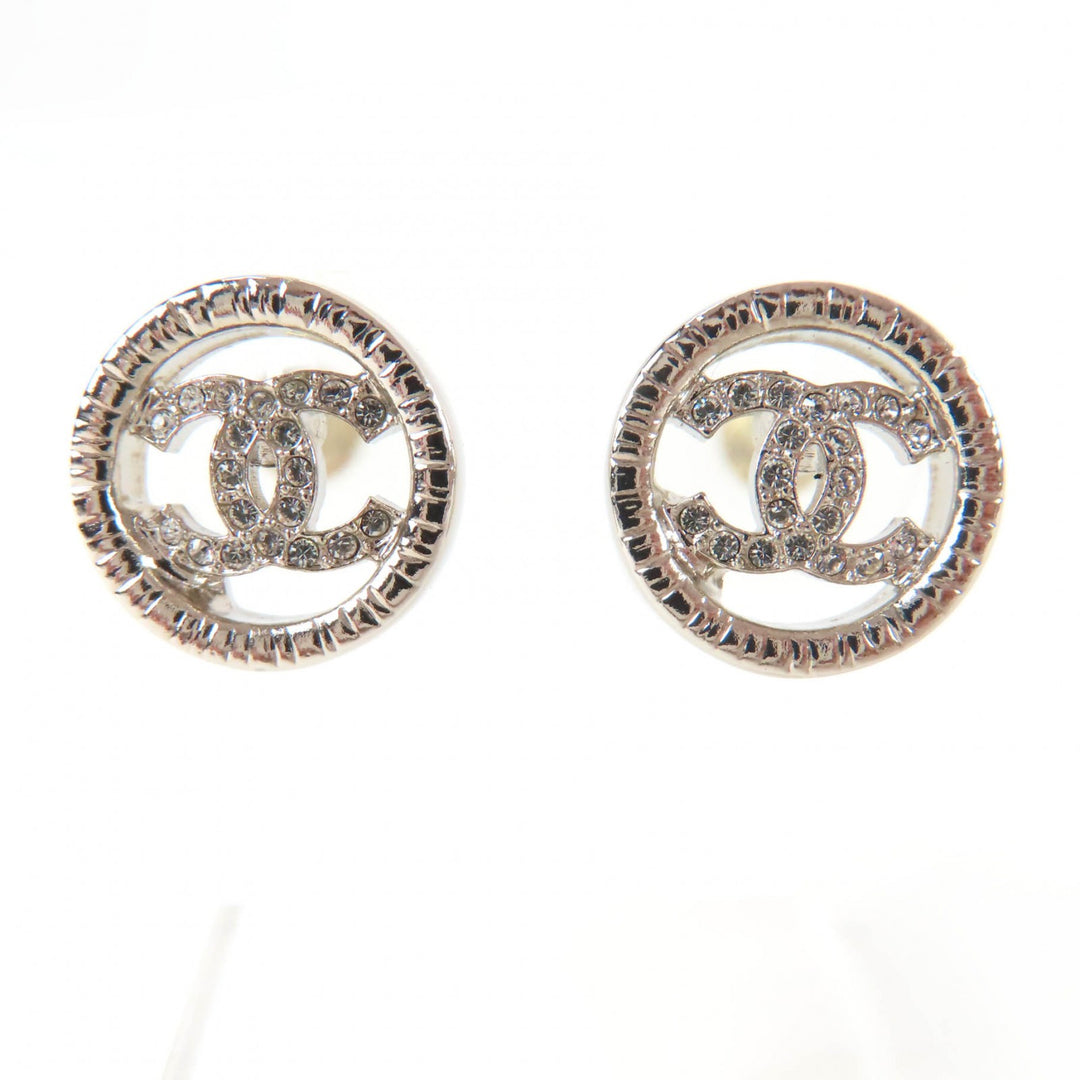 Excellent CHANEL Pierce COCO Mark rhinestone circle Silver metal AB9068 A22A