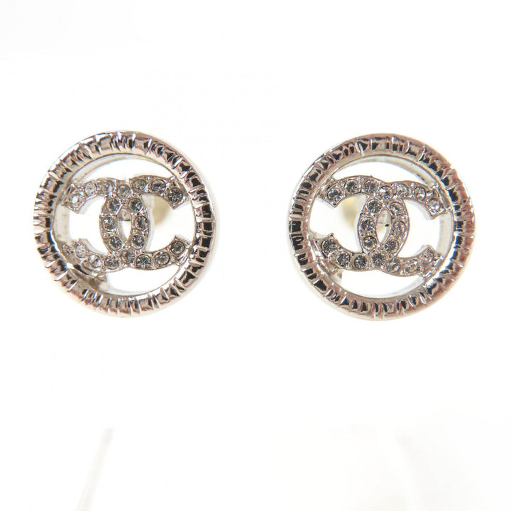 Excellent CHANEL Pierce COCO Mark rhinestone circle Silver metal AB9068 A22A