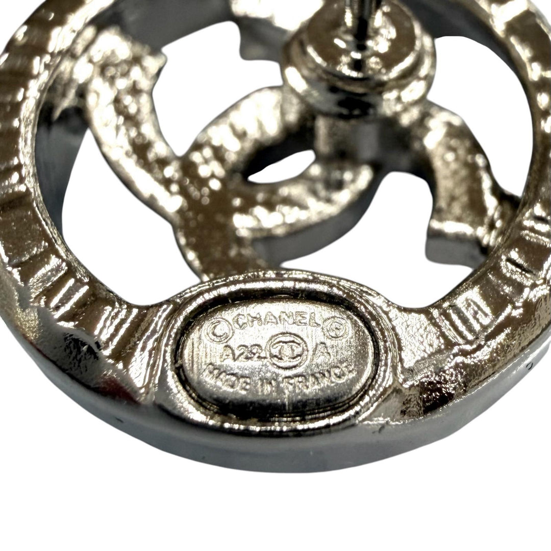 Excellent CHANEL Pierce COCO Mark rhinestone circle Silver metal AB9068 A22A