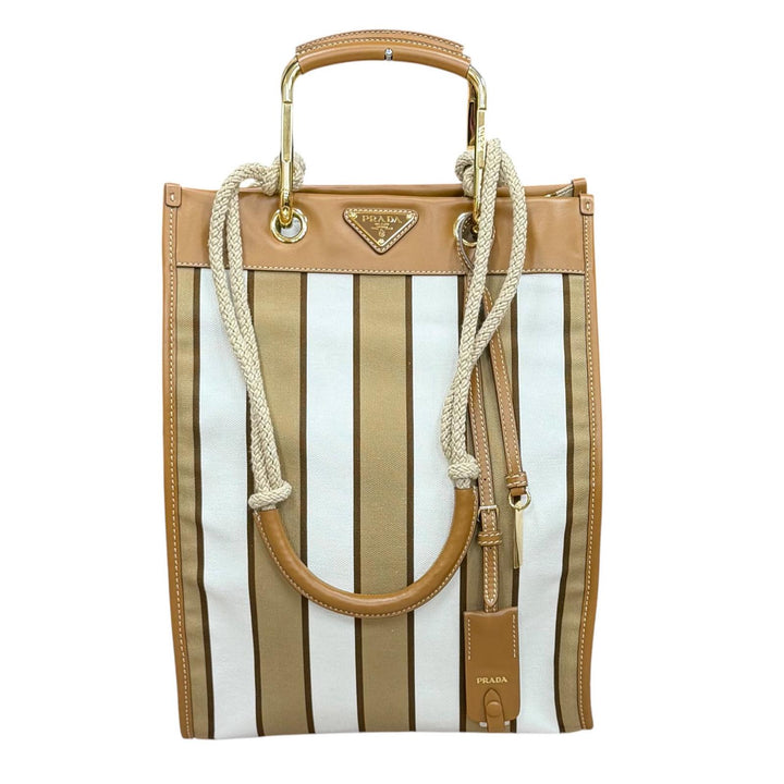 Pristine PRADA Tote Bag Triangle logo Brown canvas Women 1BG561