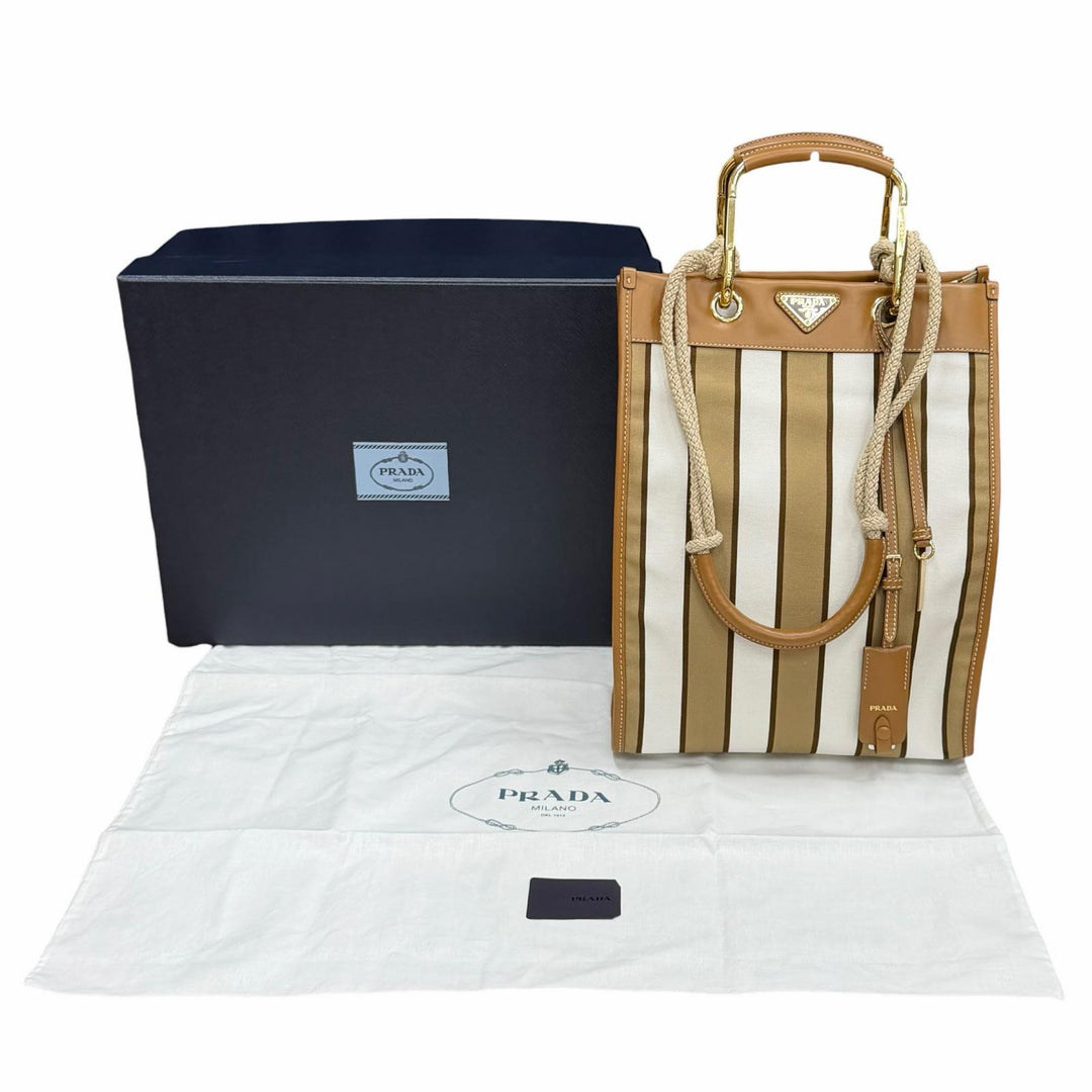 Pristine PRADA Tote Bag Triangle logo Brown canvas Women 1BG561
