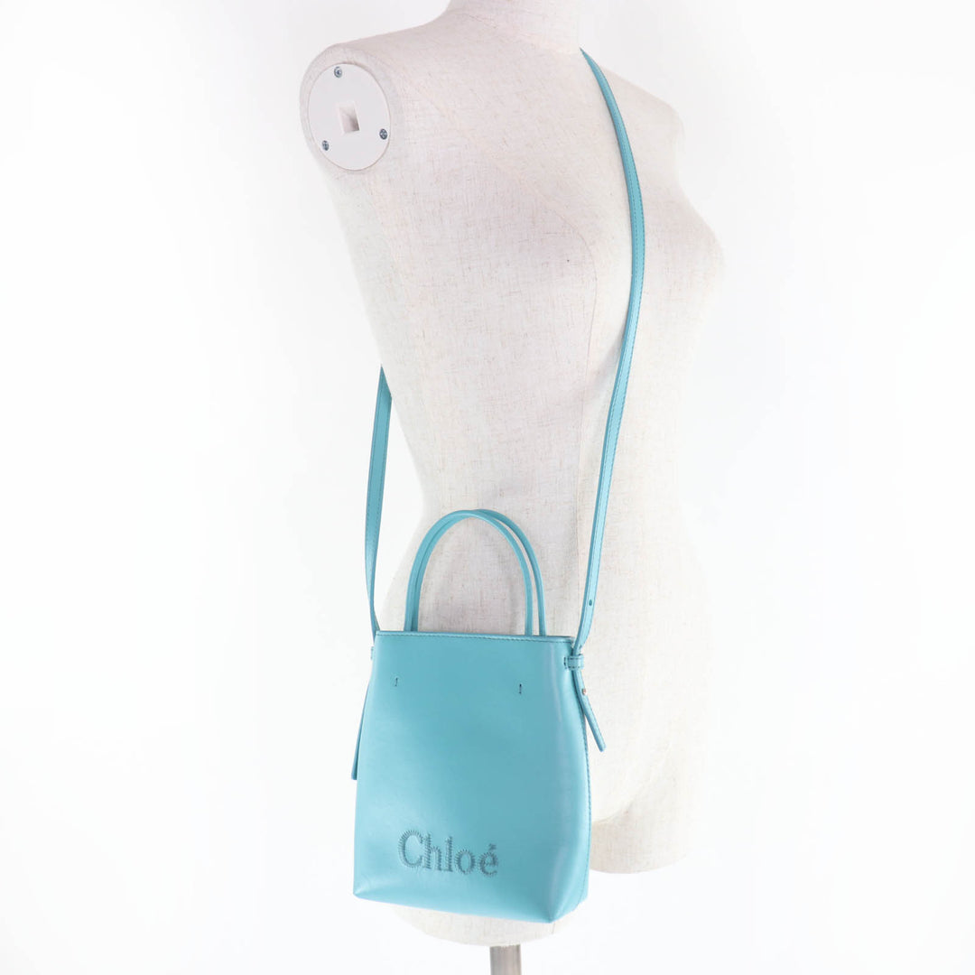 Excellent Chloe Shoulder Bag Sense Micro Tote Bag Logo embroidery leather blue