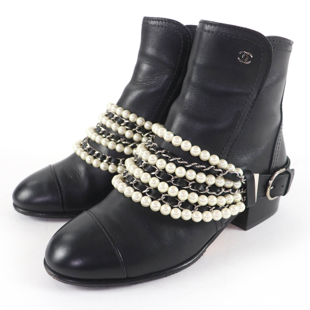 Excellent CHANEL short boots COCO Mark Faux Pearl Chain Leather black 36 G33931