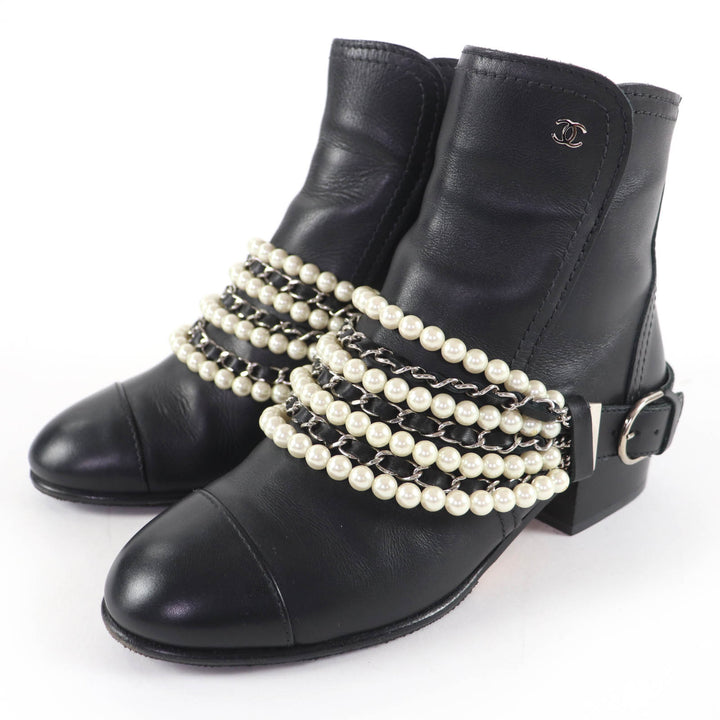 Excellent CHANEL short boots COCO Mark Faux Pearl Chain Leather black 36 G33931