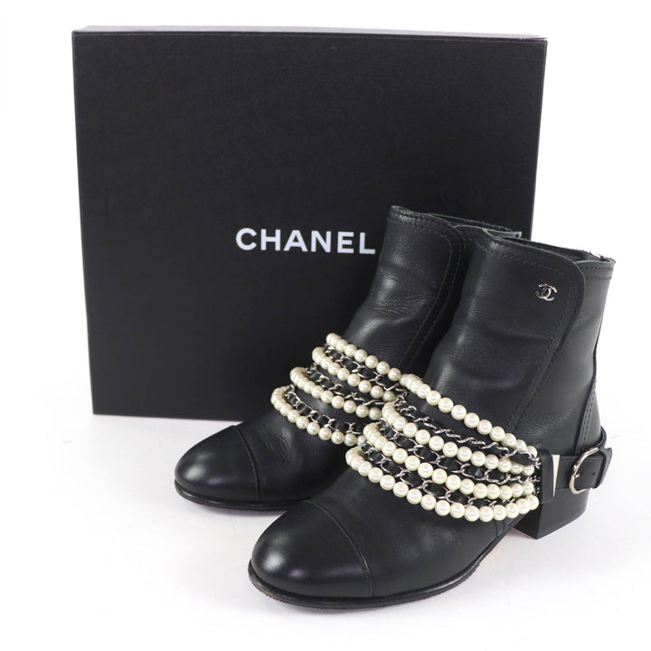 Excellent CHANEL short boots COCO Mark Faux Pearl Chain Leather black 36 G33931