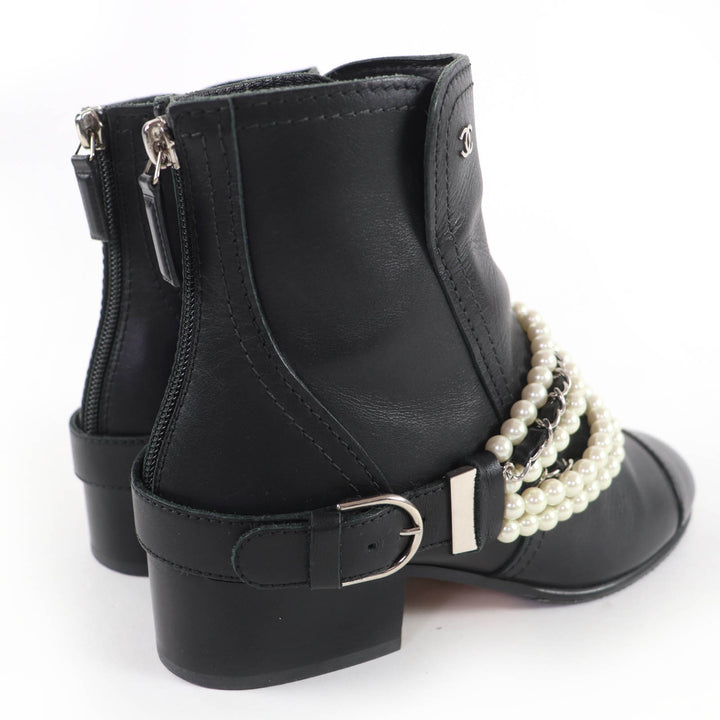 Excellent CHANEL short boots COCO Mark Faux Pearl Chain Leather black 36 G33931