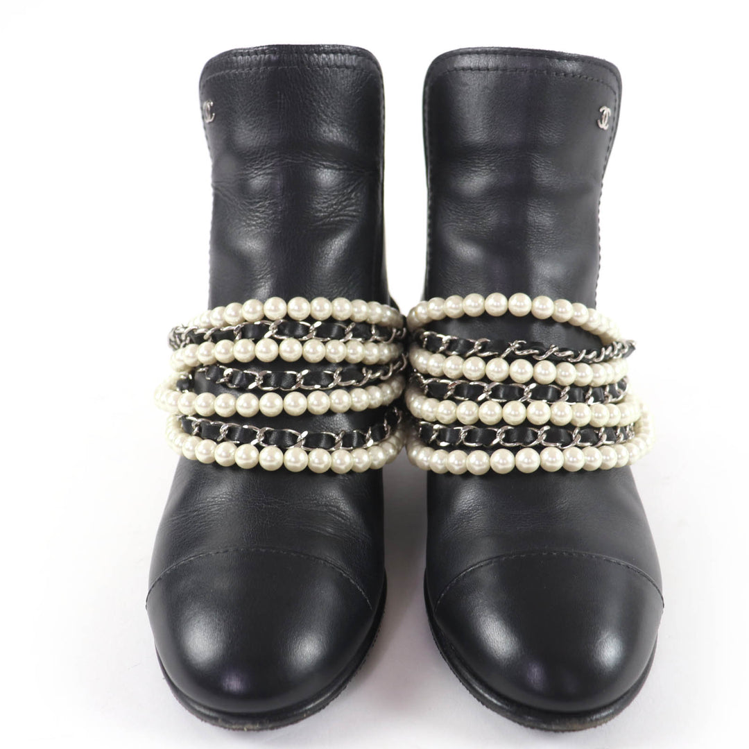 Excellent CHANEL short boots COCO Mark Faux Pearl Chain Leather black 36 G33931