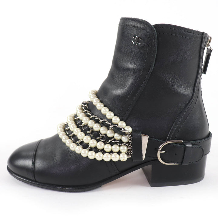Excellent CHANEL short boots COCO Mark Faux Pearl Chain Leather black 36 G33931