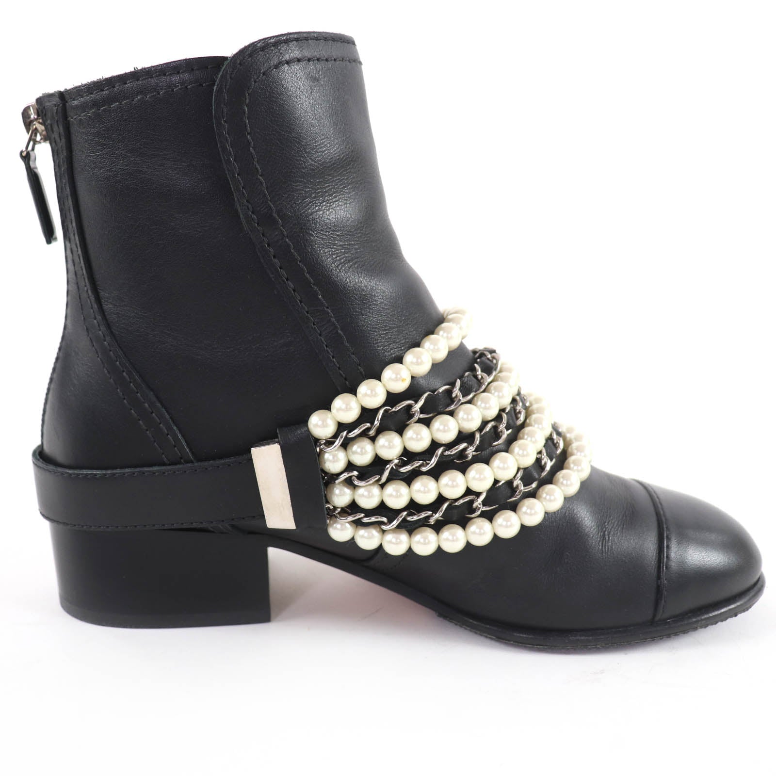 Excellent CHANEL short boots COCO Mark Faux Pearl Chain Leather