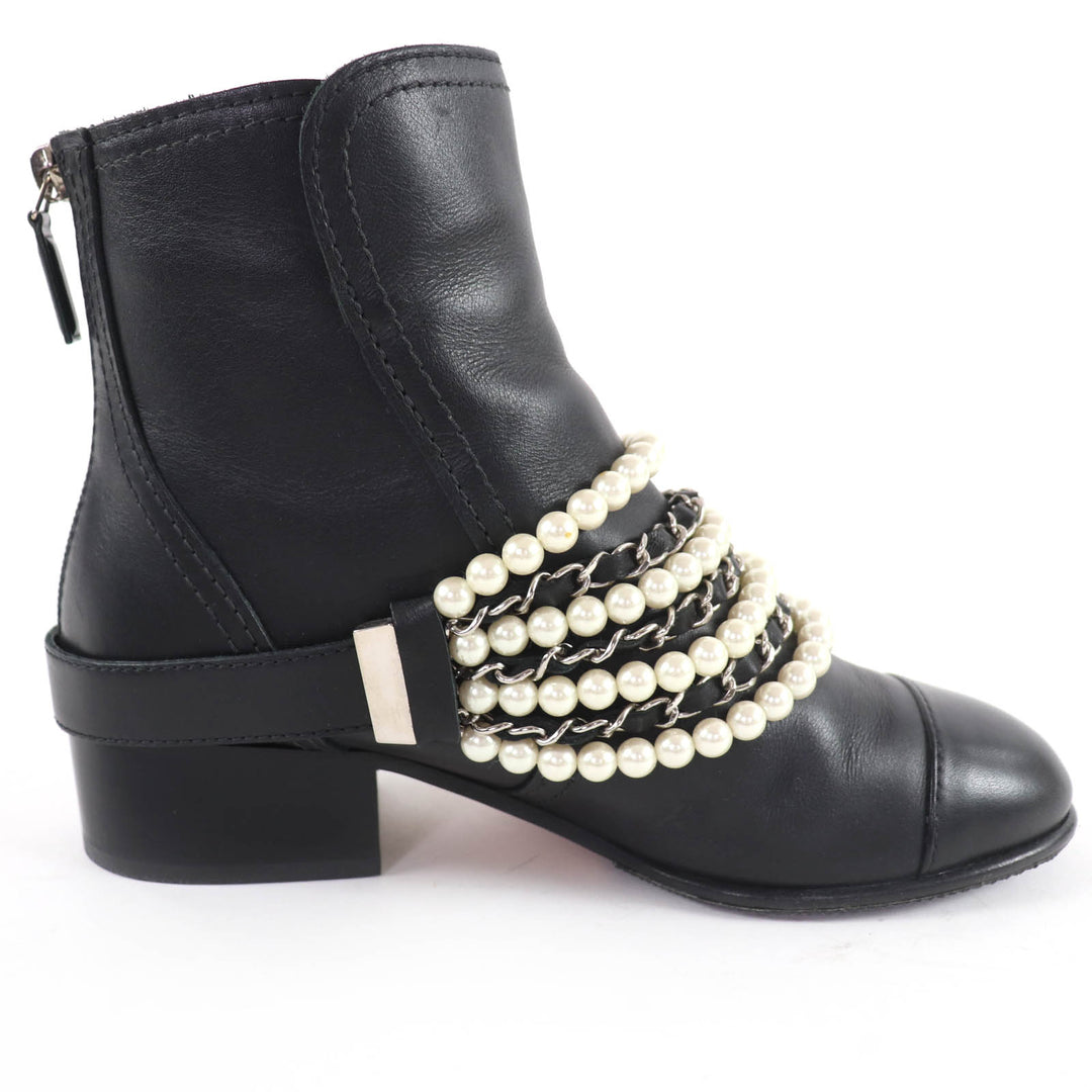 Excellent CHANEL short boots COCO Mark Faux Pearl Chain Leather black 36 G33931