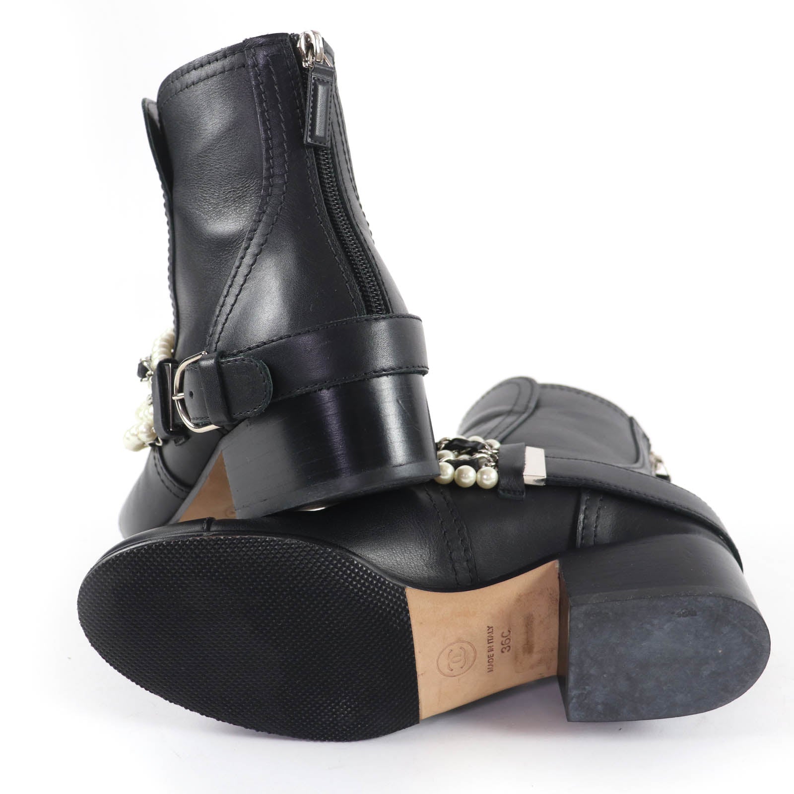 Excellent CHANEL short boots COCO Mark Faux Pearl Chain Leather