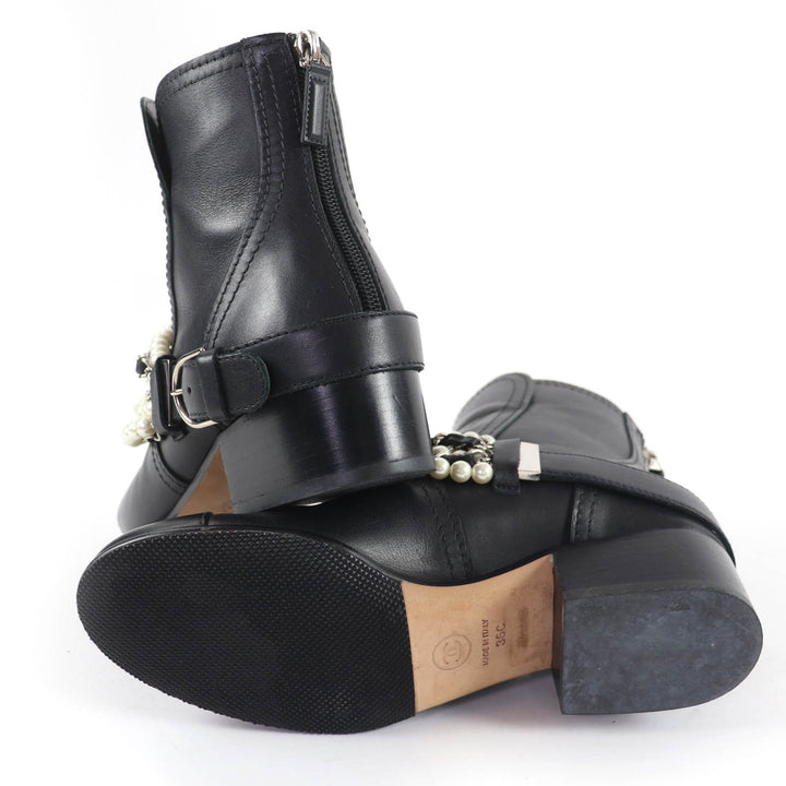 Excellent CHANEL short boots COCO Mark Faux Pearl Chain Leather black 36 G33931